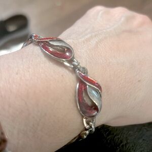 Vintage Red Enamel Link Bracelet  Swirl Toggle Size 7 - 71/4"
